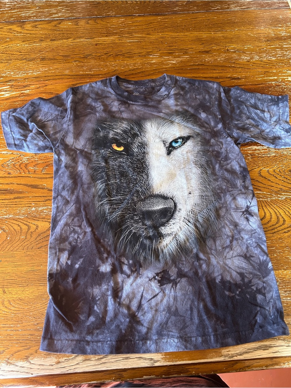 The Mountain Tie-Dye Wolf Tee - Blue, Gray kids